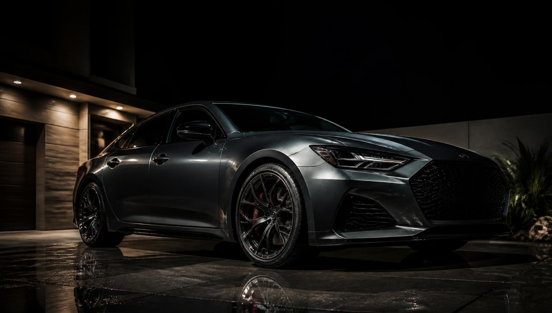 Freshly detailed dark sedan gleaming in a driveway at dusk